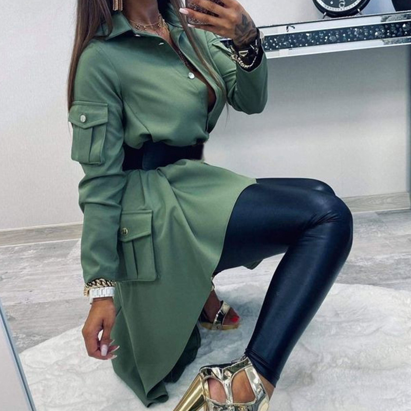 Ladies Fashion Irregular Long Sleeve Shirt Dress Green - Shop at LoveMi