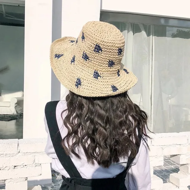 Sunshade Straw Hat Hand Knit Crochet Feather Polka Dot Beige - Shop at LoveMi