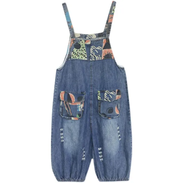 Age reducing Denim Overalls Shorts Women's Printed Stitching Casual Blue - Shop at LoveMi