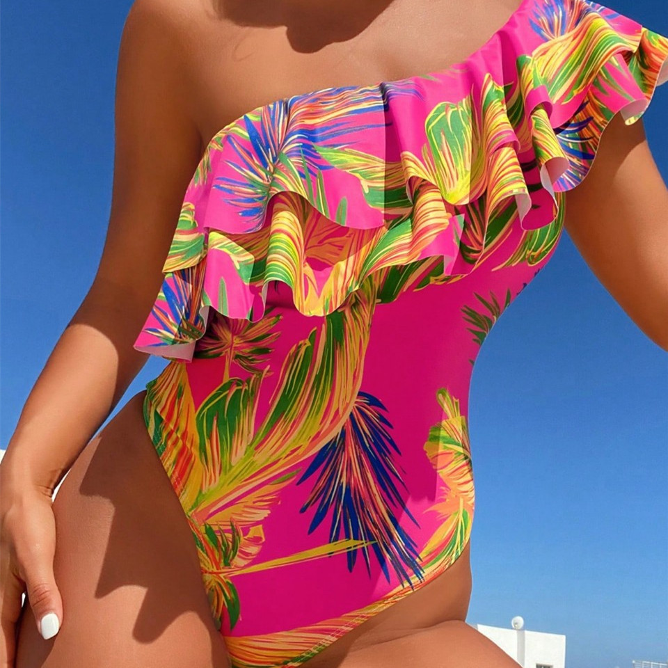 مايوه بطبعة أوراق边边 بتصميم قطعة واحدة، نمط أوروبي وأمريكي