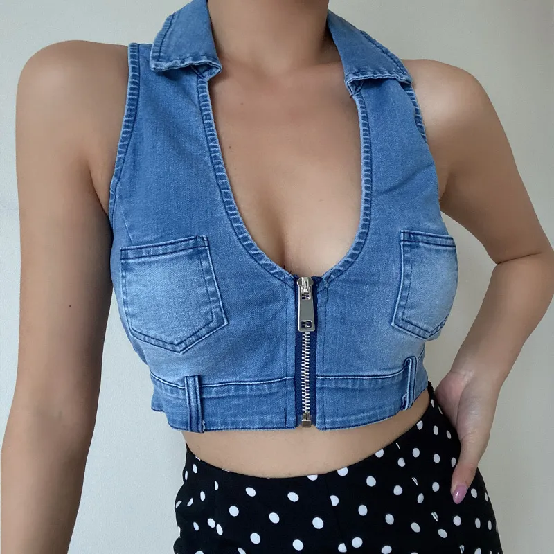 Deep V Neck Vintage Distressed Pocket Zip Sleeveless Top - Blue
