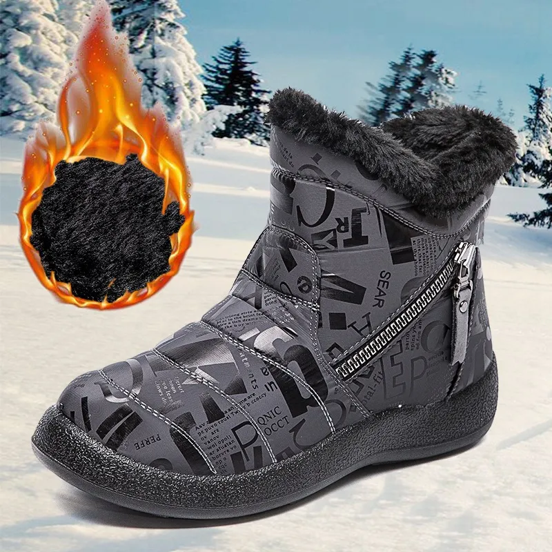 Letter Print Boots Winter Warm Plush Snow Boot Women Shoes - Grey