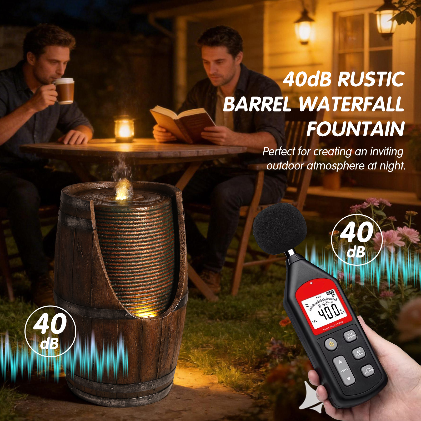 Outdoor Barrel Water Fountain With Lights Rustic Wood Look Resin Handmade Waterfall Garden Decor For Patio Yard Porch — foto 12