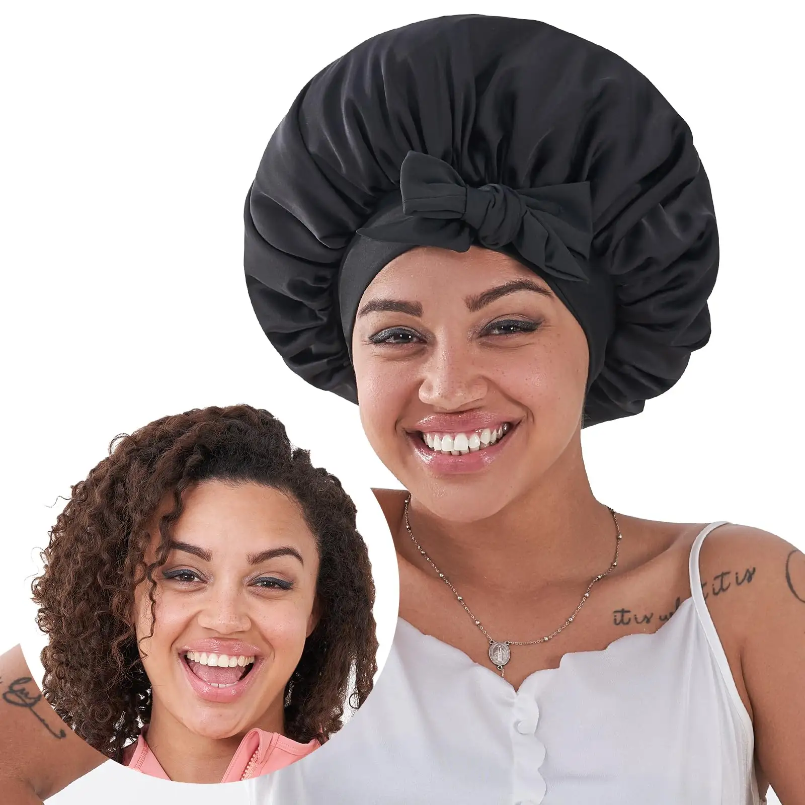 Black Silk Bonnet For Sleeping Women, Satin