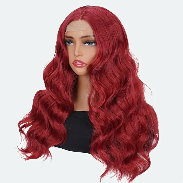 Elegant 24 Inch Red Wavy Synthetic Wig For Women, 4x1 Front Lace, High Temperature Fiber, Middle Part, Natural Look, Breathable, Comfortable, Versa... - Shop at LoveMi