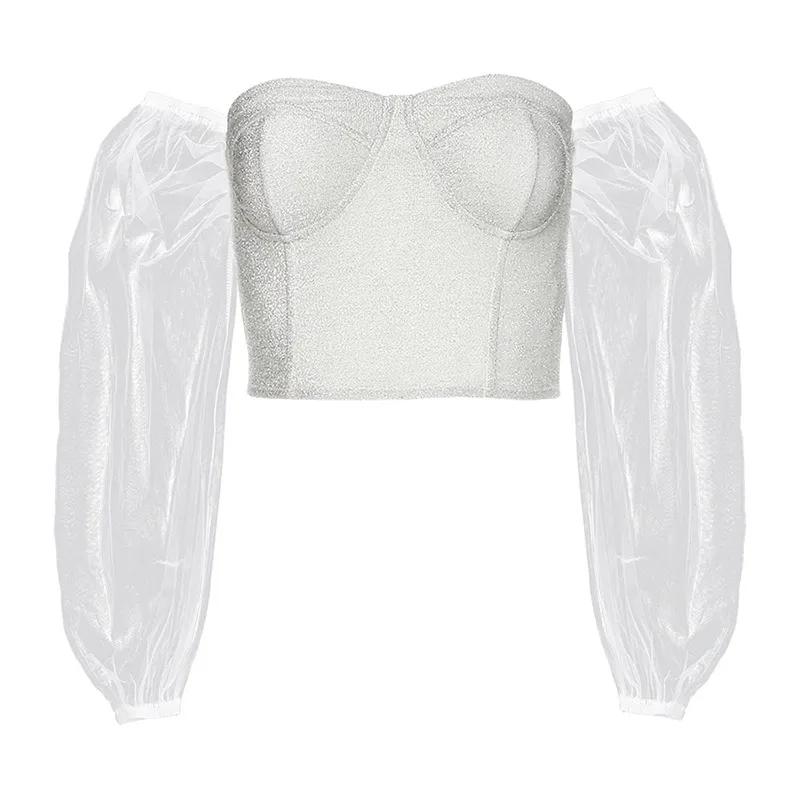 KLALIEN Sexy Slash Neck Lantern Sleeve Strapless Backless - White