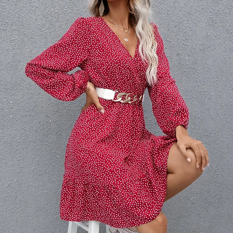 Temperament Commuter Small Floral V-neck Pullover Ruffle Long Sleeve Print