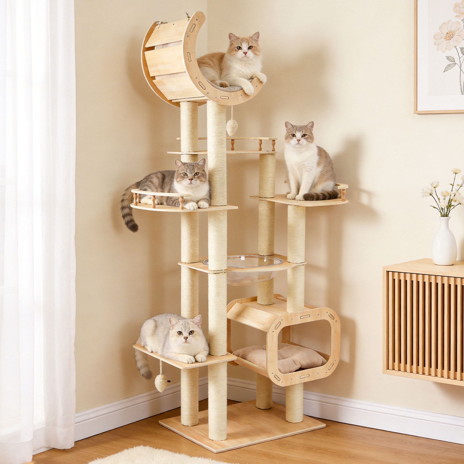Heavy-Duty No-Drill Large Cat Tree-Solid Wood, 5-Story Multi-Column Cat Tower, 80.4in For Large Spaces & Multi-Cat Households, Open Condo, Space Capsule, Bed, Durable Indoor Pet Furniture