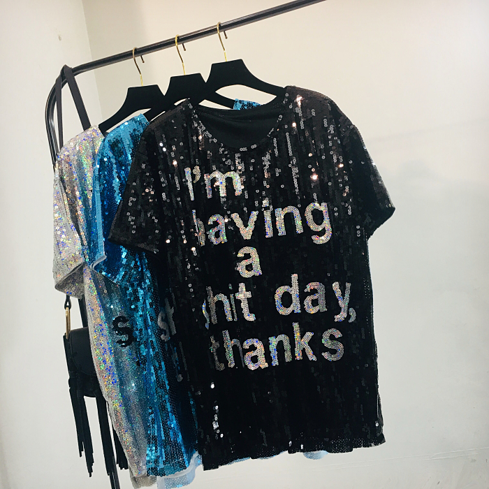 Sequined Short Sleeve Loose Summer Loose Large Size Mid-length Top