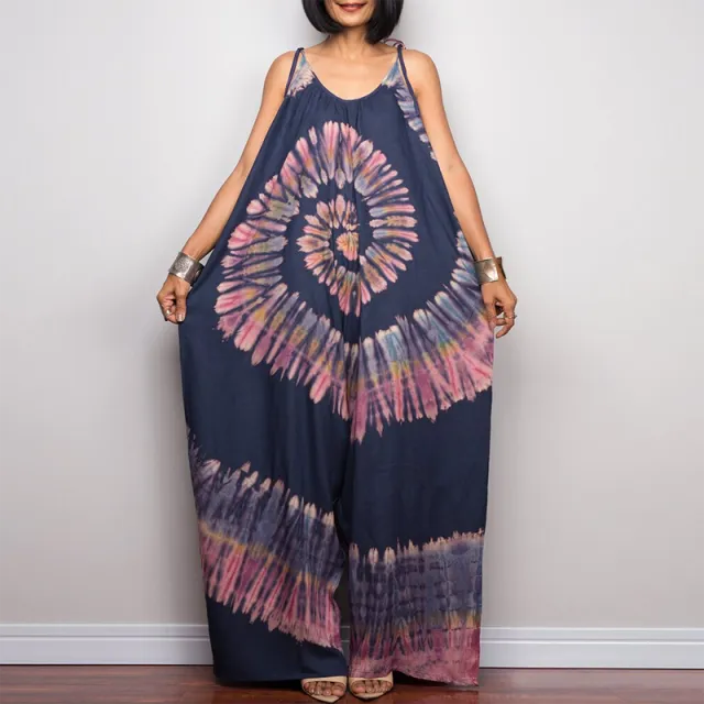 Tie Dye Print Wide Leg Tie Up Loose Jumpsuit B 2Xl - Shop at LoveMi