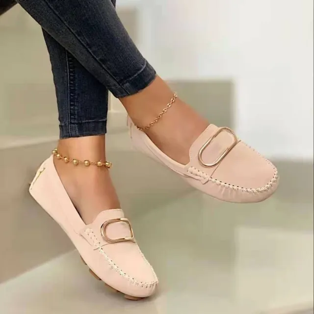 Foreign Trade Spring And Summer European And American Round Toe Flat Metal Peas Shoes Nude - Shop at LoveMi