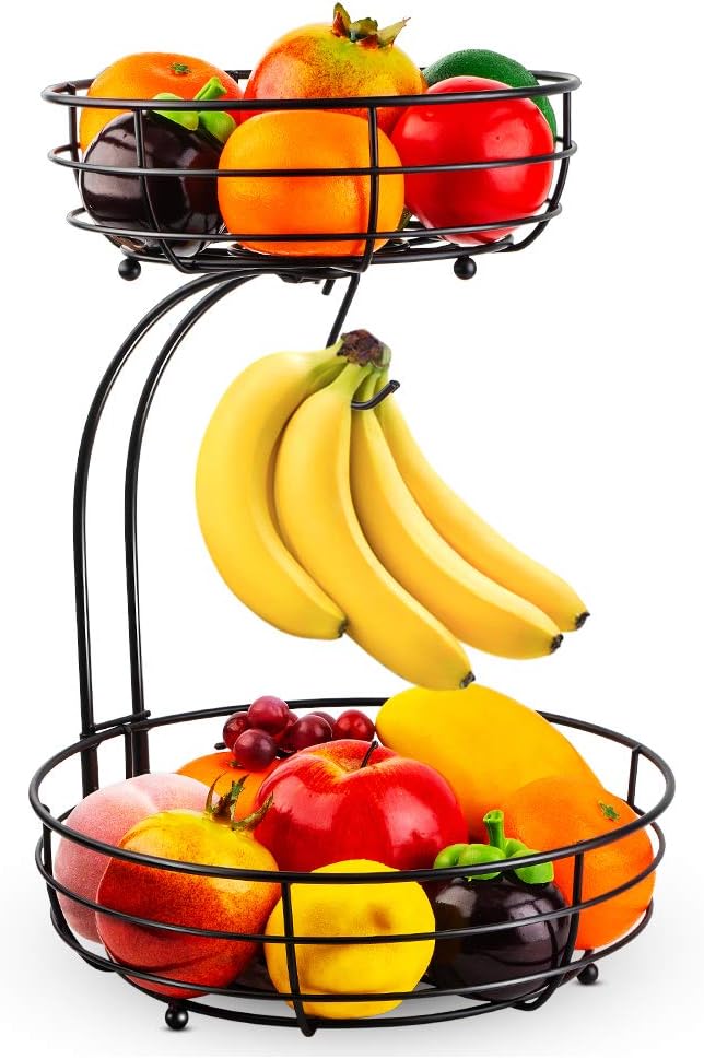 2-Tier Iron Countertop Fruit And Vegetable Basket With Banana Hanger, Black Kitchen Storage Organizer