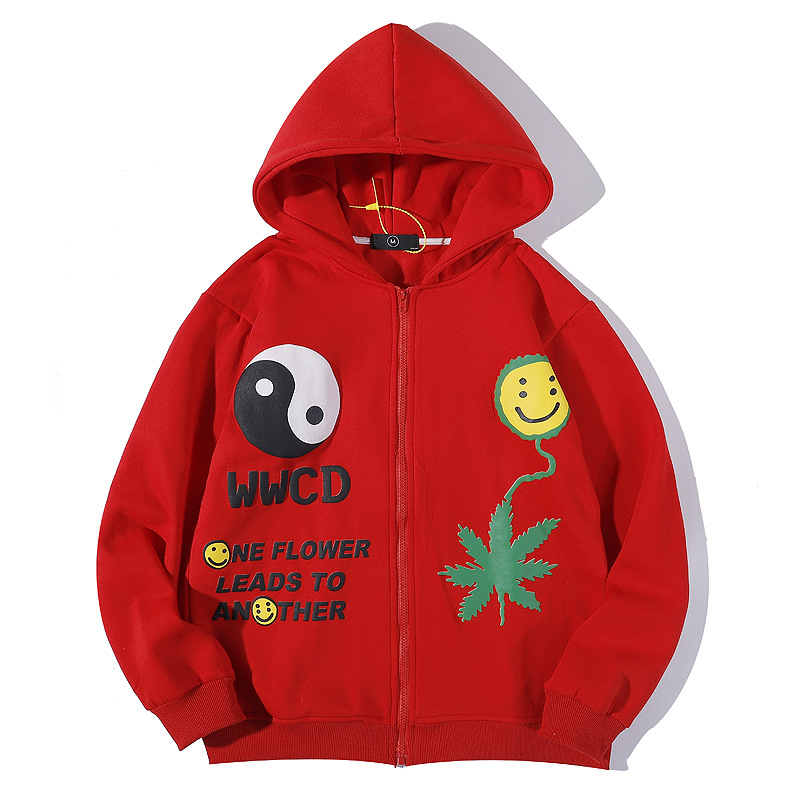 Three-dimensional Hemp Leaf SmileyCardigan Zipper Hooded Sweater