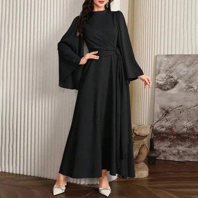 Women's Middle Eastern Flare Sleeve Maxi Dress, High Neck Twist Waist A Line Gown Black - Shop at LoveMi