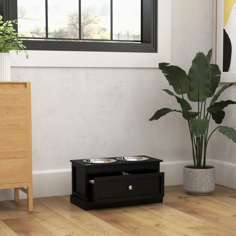 Dog Bowls With Storage Drawer, Raised Dog Bowl Stand Pet Food Bowl Dog Feeding Station, Black