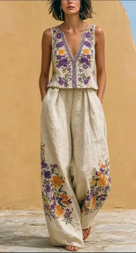 Cream Floral Embroidered Linen Set