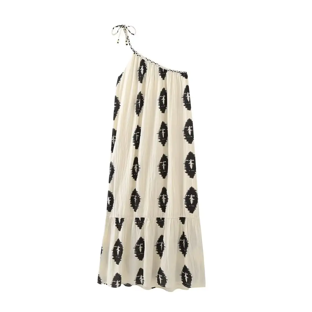 Women's European And American Printed Asymmetric Sling Dress