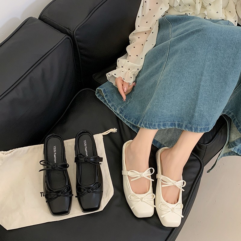 Women's Gentle Style Bow Polka Dot Closed Toe Mules, 2026 New Arrival Outdoor Wear Soft Sole Slip On Flat Slippers