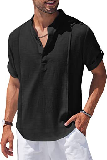 Men Linen-look Henley Shirt Short Sleeve Casual T-shirt Summer Tee Shirt  Top