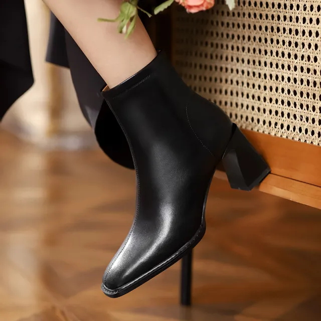 Women's Square Toe Chunky Heel Leather Ankle Boots Black - Shop at LoveMi