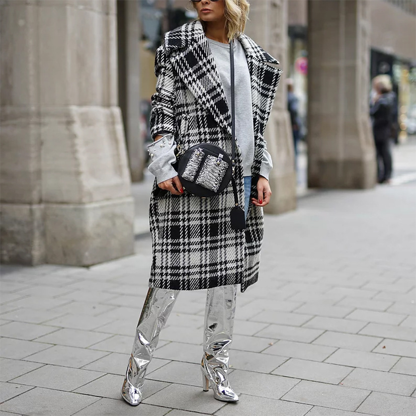 Check Color Contrast Coat Jacket With Turn Over Collar