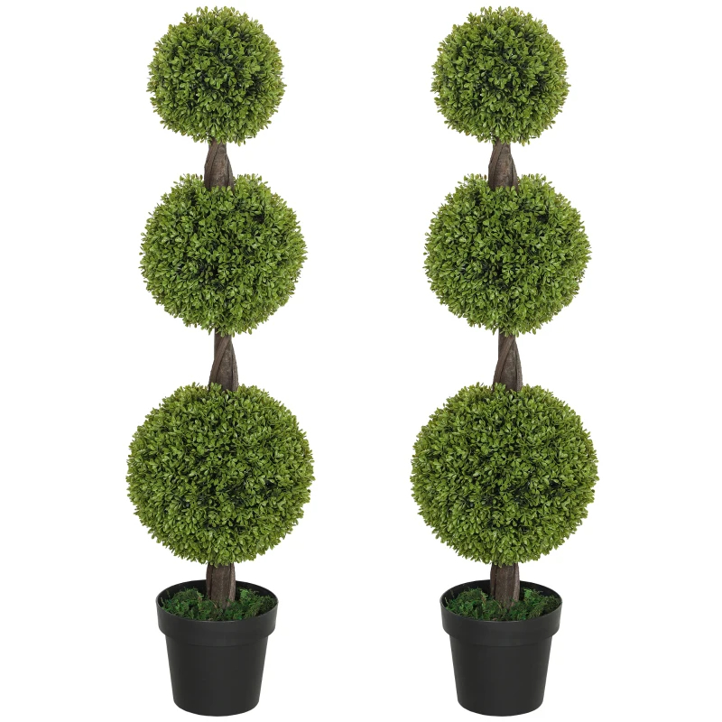 Set Of 2 Artificial Ball Boxwood Topiary Trees, Fake Plants In Pots For Indoor Outdoor Living Room, Green