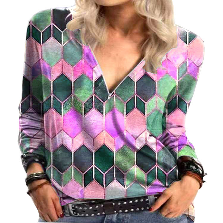 Title 9, Fashion Geometric Print Zipper Long-sleeved T-s...