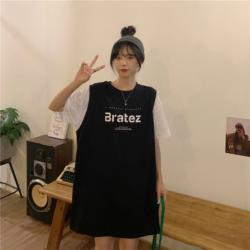 Loose Large Size Letters Printed Fake Two-piece Dress Short Sleeve