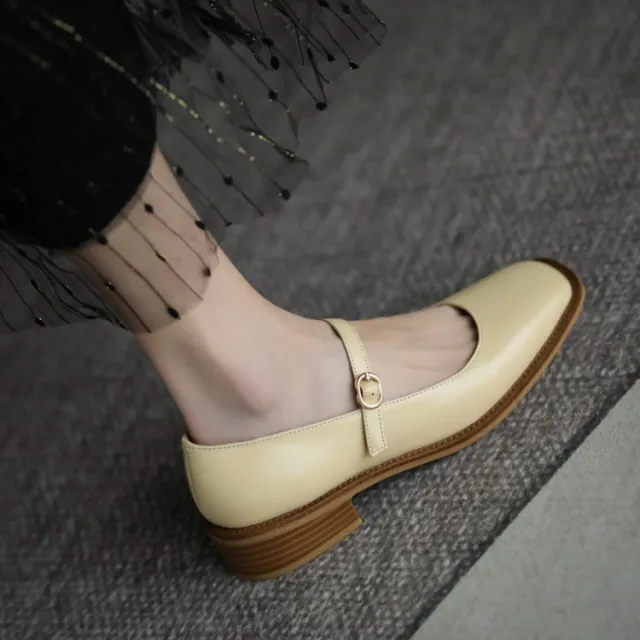 Thick heeled Women's Singles Shoes With Mid heel Comfortable Square Toe French Retro Flat heeled Small Leather Shoes Apricot - Shop at LoveMi