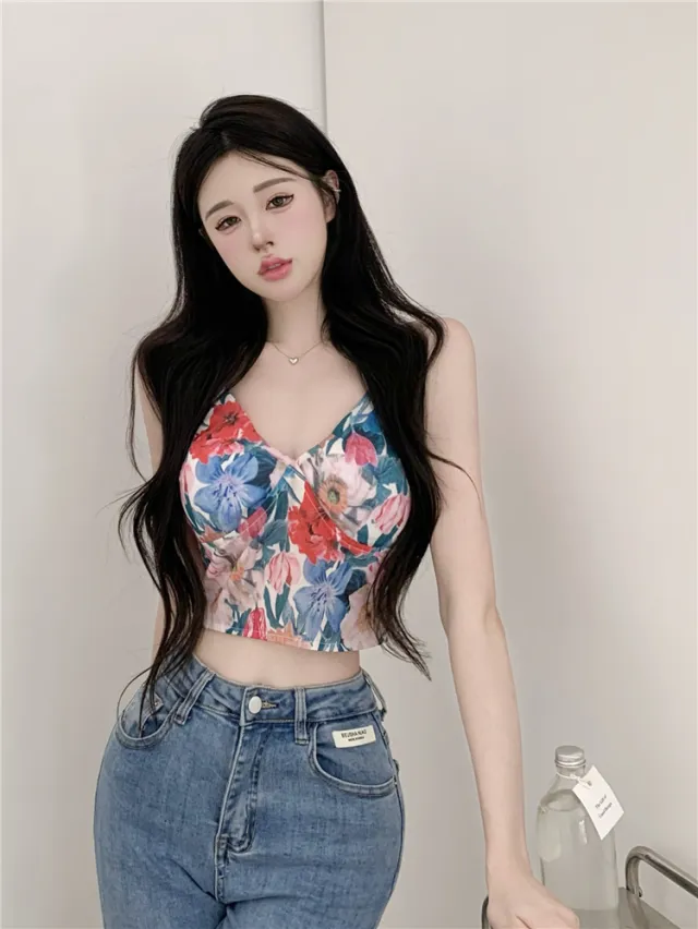 French Contrast Floral Camisole Women's Slim Short Flower Sling Single Piece - Shop at LoveMi