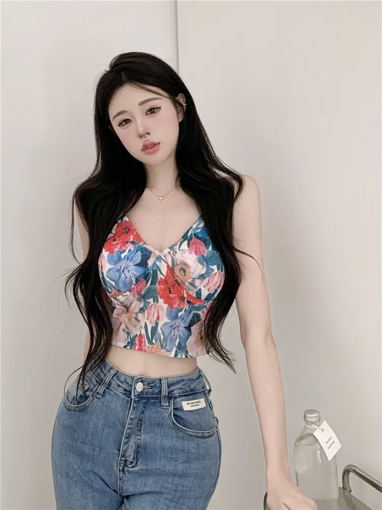 French Contrast Floral Camisole Women's Slim Short - Flower Sling Single Piece