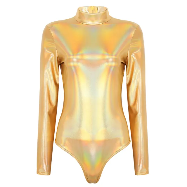 Women's Patent Leather Long Sleeve Zip Bodysuit Gold - Shop at LoveMi