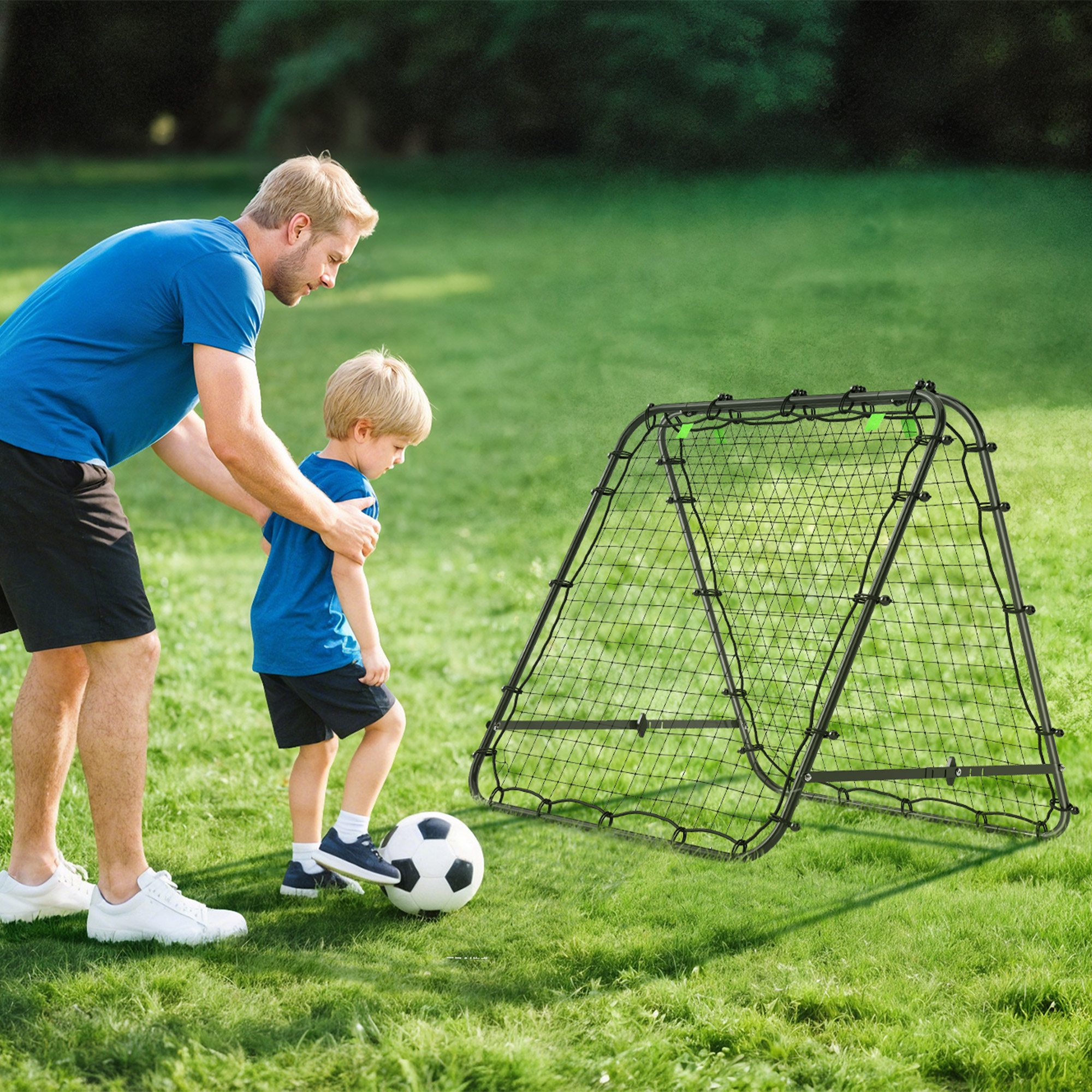Double Sided Football Rebound Net, Five Adjustable Angle Door, Black