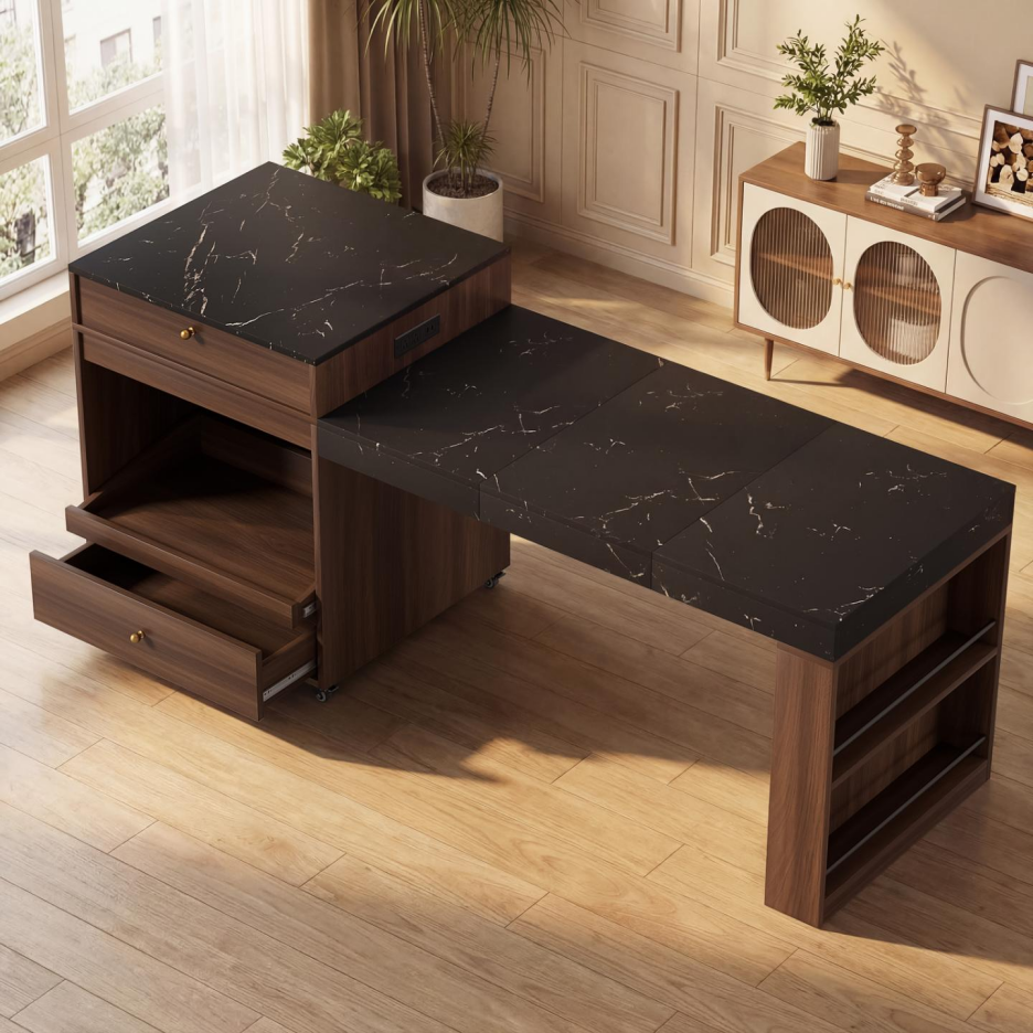 78.8inch Rolling Kitchen Island With 3-Stage Extendable Dining Table Seats 6-8,Built-in Power Outlet, Ample Storage Drawers & Cabinets,Mobile On Wheels - High-Density MDF,Easy Assembly Walnut