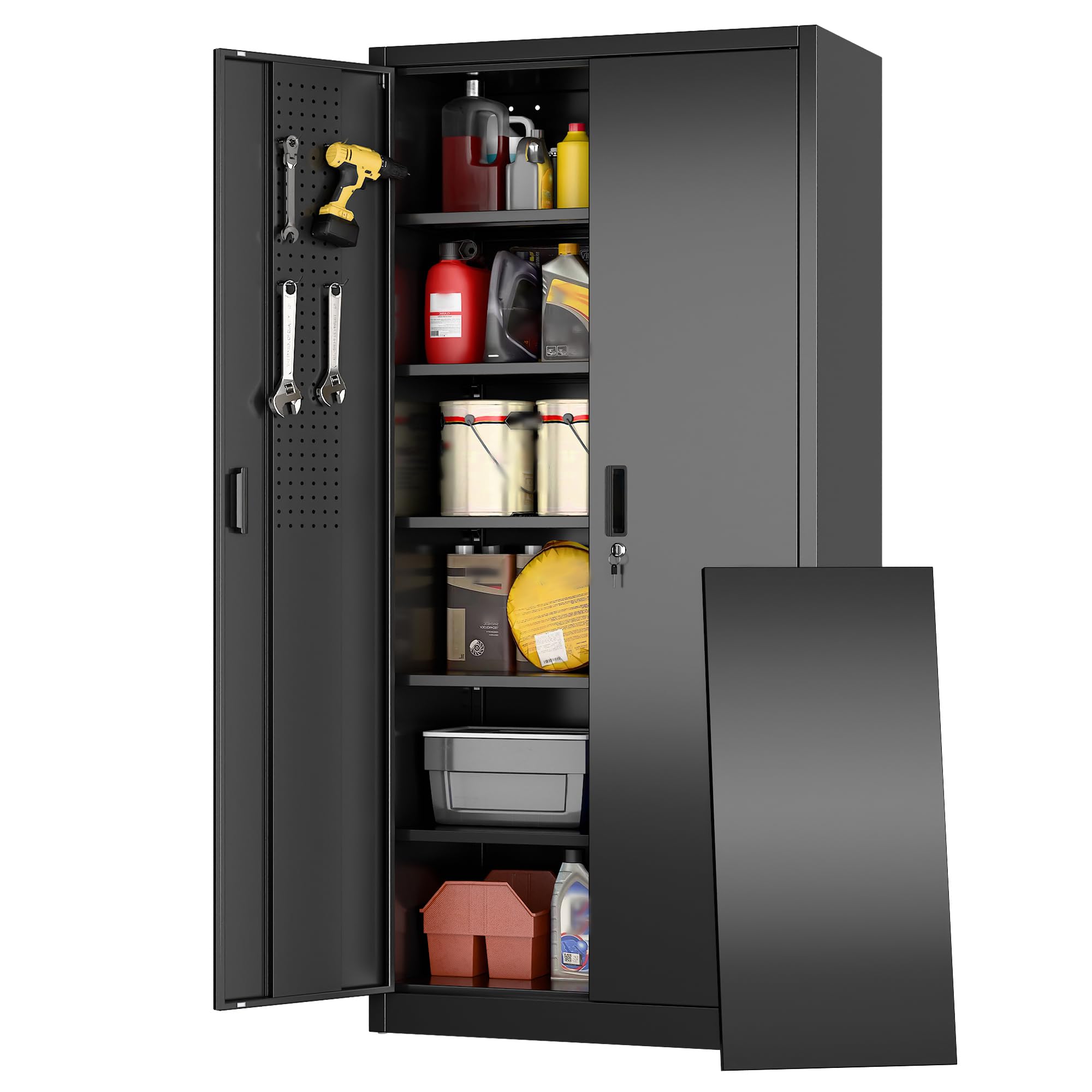 Garage Storage Cabinet With 5 Adjustable Shelves, Locking Metal Storage Cabinet With Pegboard Doors For Garage, Home, Black, Assembly Required — foto 8