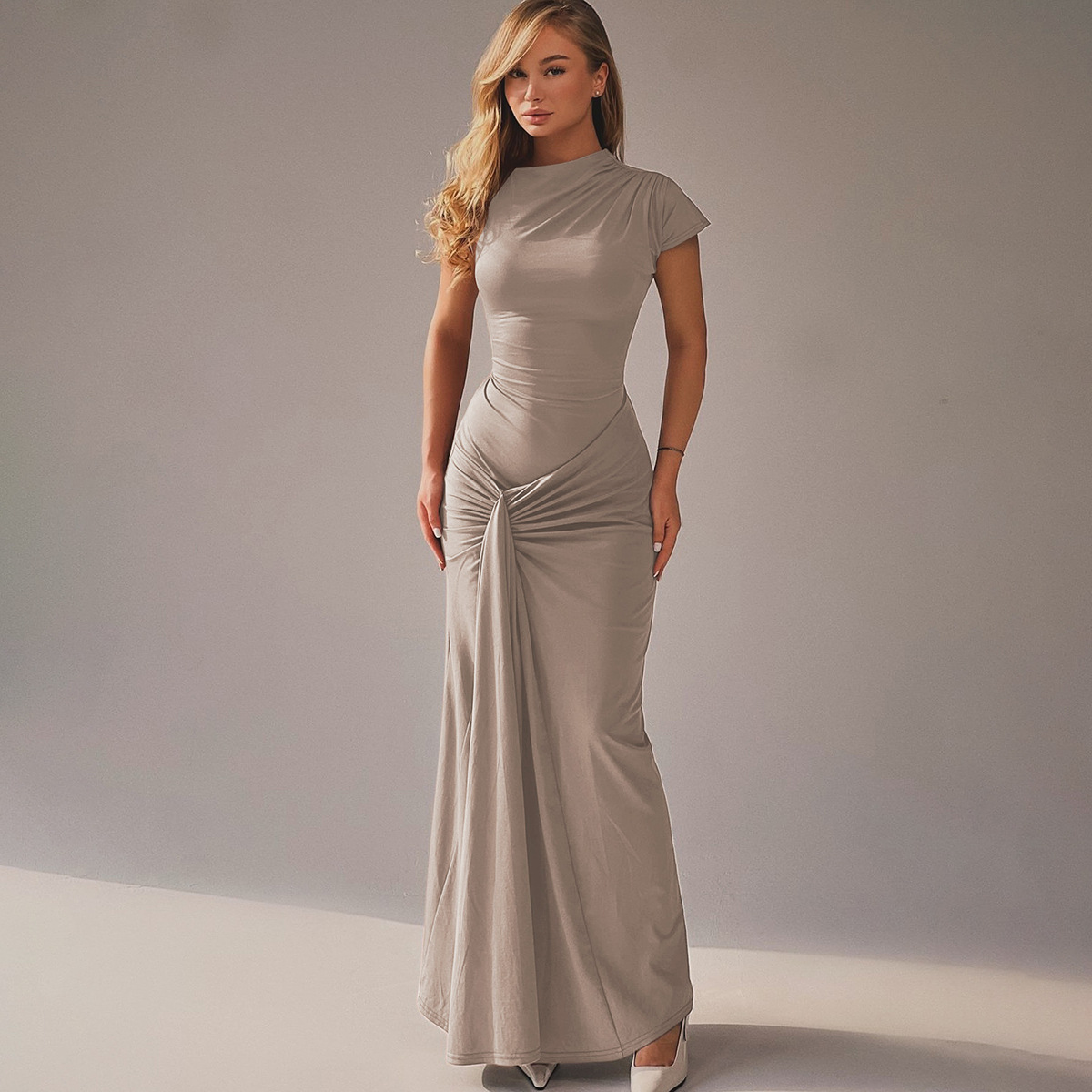 High Neck Ruched Waist-Tie Bodycon Maxi