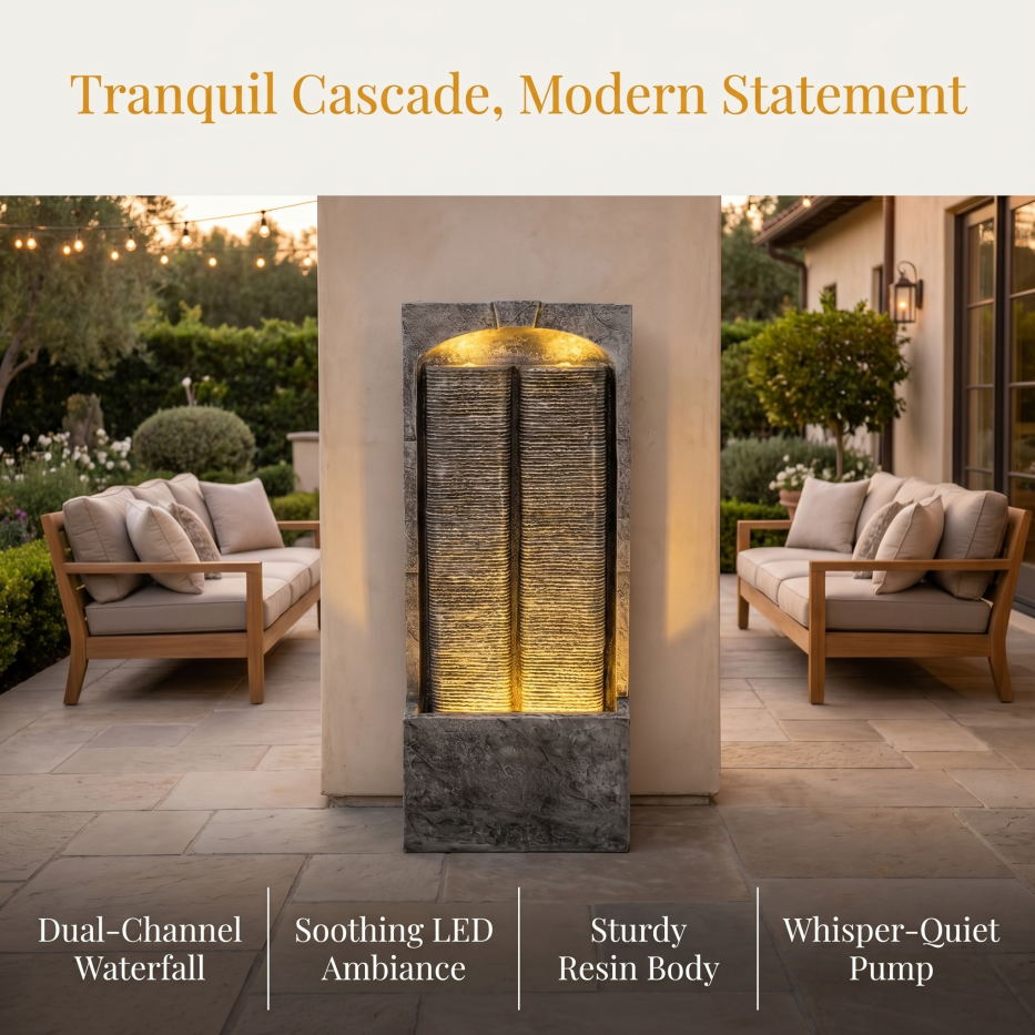 Outdoor Water Fountain Cascading LED Lights 39inch H, Resin Fiberglass With Quiet Pump, Freestanding Water Feature For Garden Patio Porch Lawn Indoor Outdoor Decor — foto 5