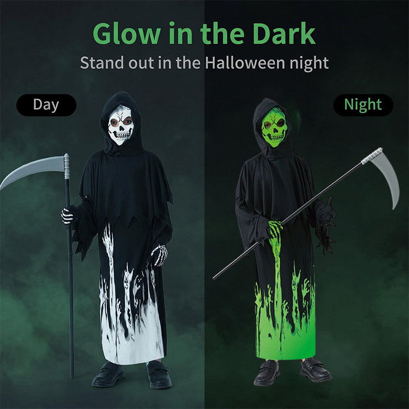Glow In The Dark Grim Reaper Halloween Boys Fancy Dress Complete Outfit 5-9 — image 2