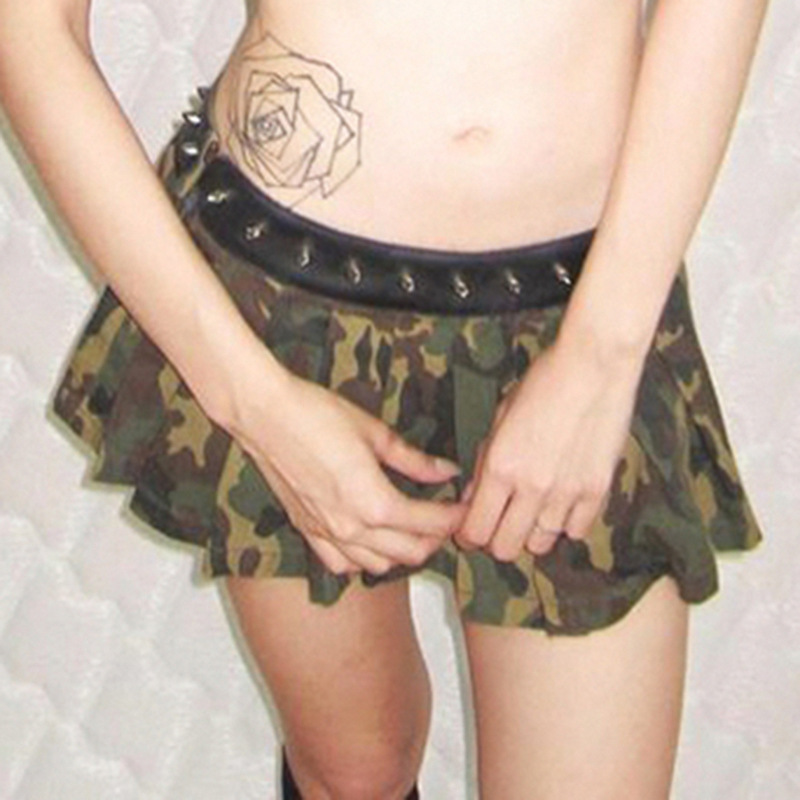 Street Style Camouflage Printed Rivets Pleated Skirt Low Waist Sexy Skirt