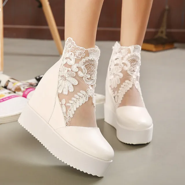 Lace Hollow Inner Heightening Waterproof Platform Slope Heel Sandals White - Shop at LoveMi