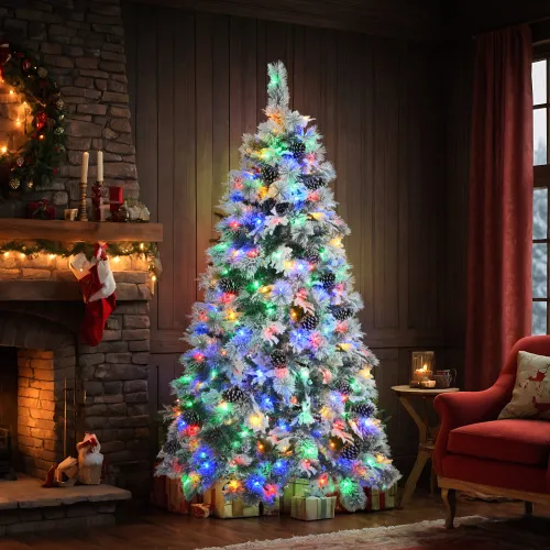 6FT Pre Lit Spruce Snow Flocked Christmas Tree With Pine Cones, Artificial Xmas Tree With 403 Branch Tips,Mixed PE PVC Branches, 250 Multi Color LE... Whitegreen - Shop at LoveMi