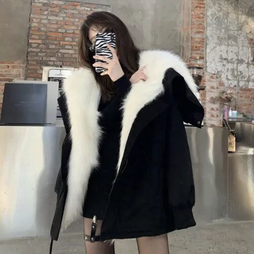 Korean Version Of Tooling Fox Like Large Fur Collar Cotton Padded Plush Thick Warm Long Sleeved Jacket Black - Shop at LoveMi