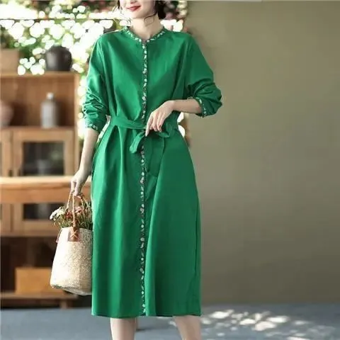 Long Temperament Cardigan Lace up Waist Dress Green - Shop at LoveMi