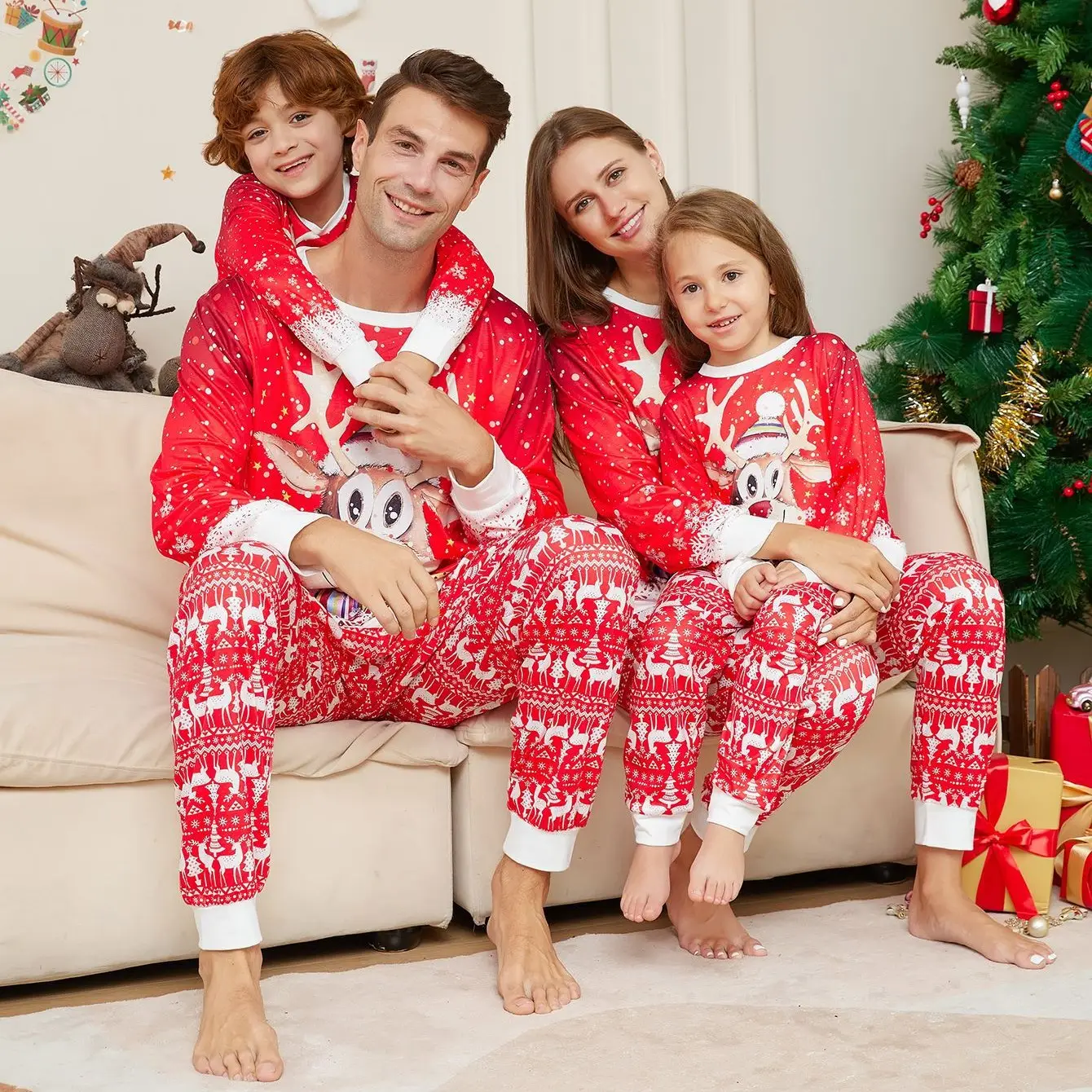 Christmas Cartoon Reindeer Print Parent-child Suit Pajamas