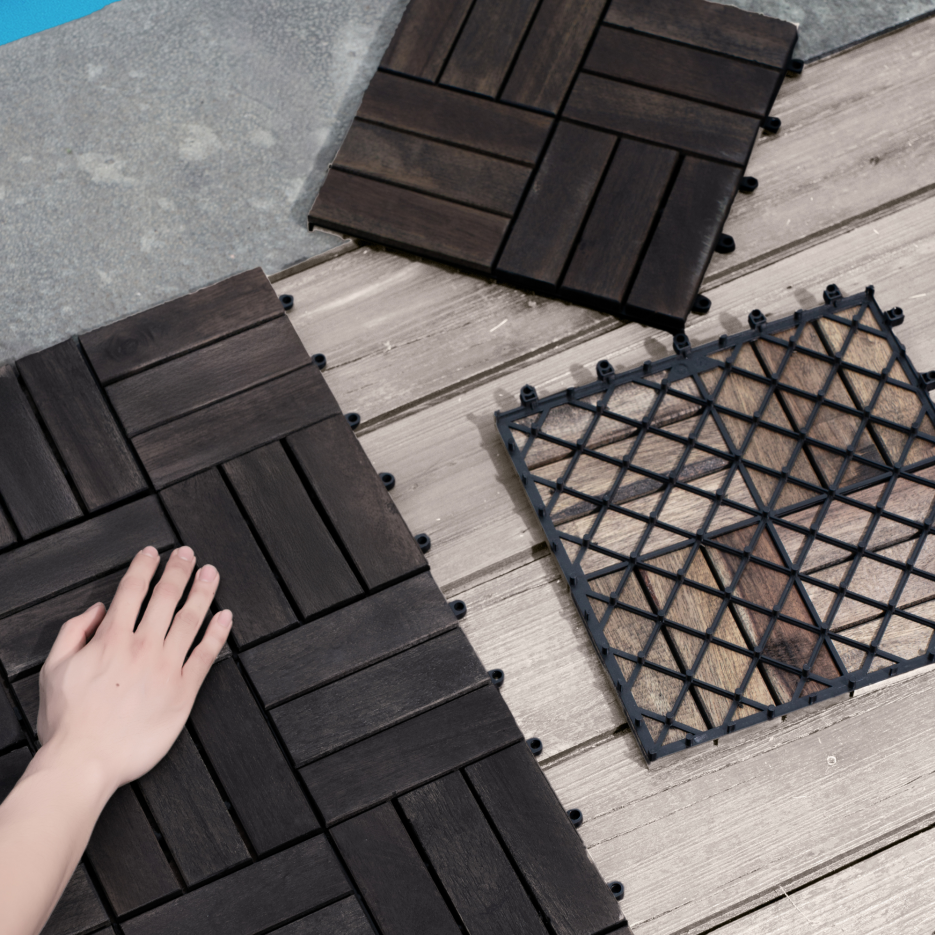 Acacia Wood Interlocking Deck Tiles Checker Pattern, 10PCS 12inch X 12inch Square Dark Brown Acacia Hardwood Outdoor Flooring For Patio, Bancony, Pool Side