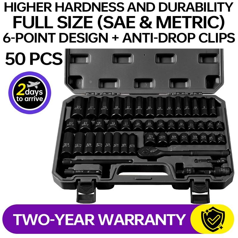 Drive Impact Socket Set 50-Piece, SAE & Metric , Deep & Shallow With  Ratchet Handle, 6 Points,Cr-V, Extension Bars, Universal Joint, Gift For Men - Image 1