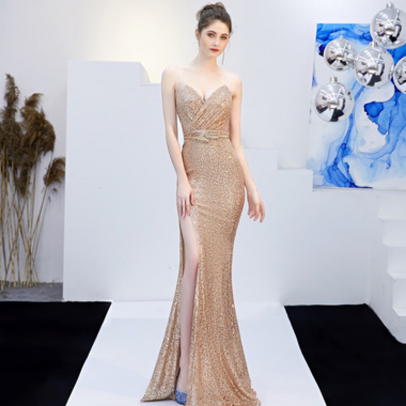 New Banquet Elegant Annual Meeting Long Host Deep V Sexy Fishtail Sequined Dress Gold - Shop at LoveMi