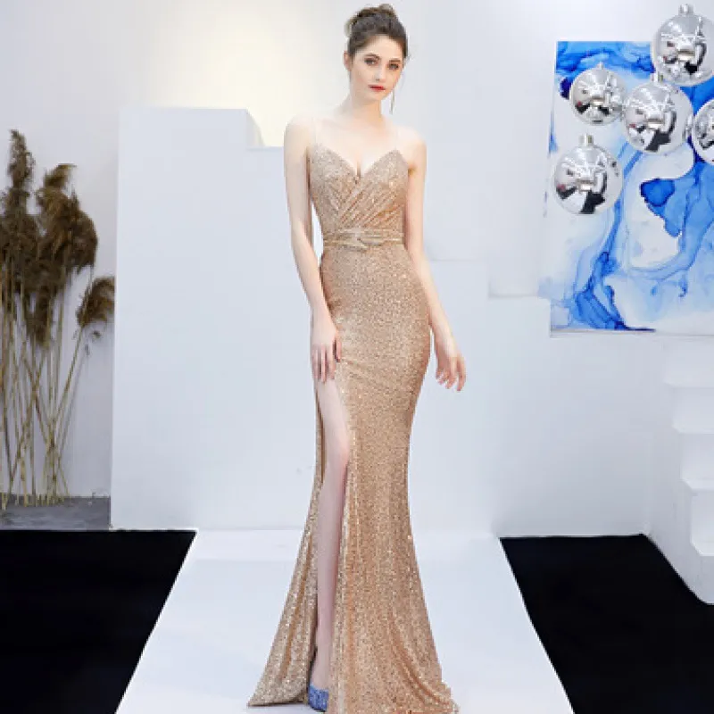 New Banquet Elegant Annual Meeting Long Host Deep V Sexy Fishtail Sequined Dress - Champagne Gold And Belt