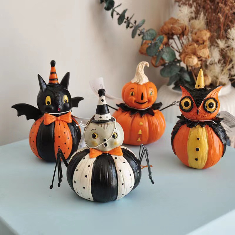Retro Painted Black Cat Pumpkin Imp Ornament (Set without