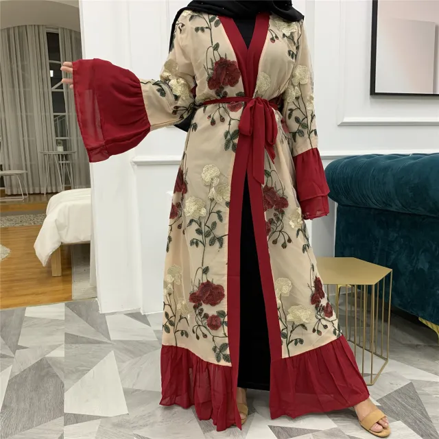 Middle Eastern Embroidered Patchwork Cardigan Wine Red - Shop at LoveMi